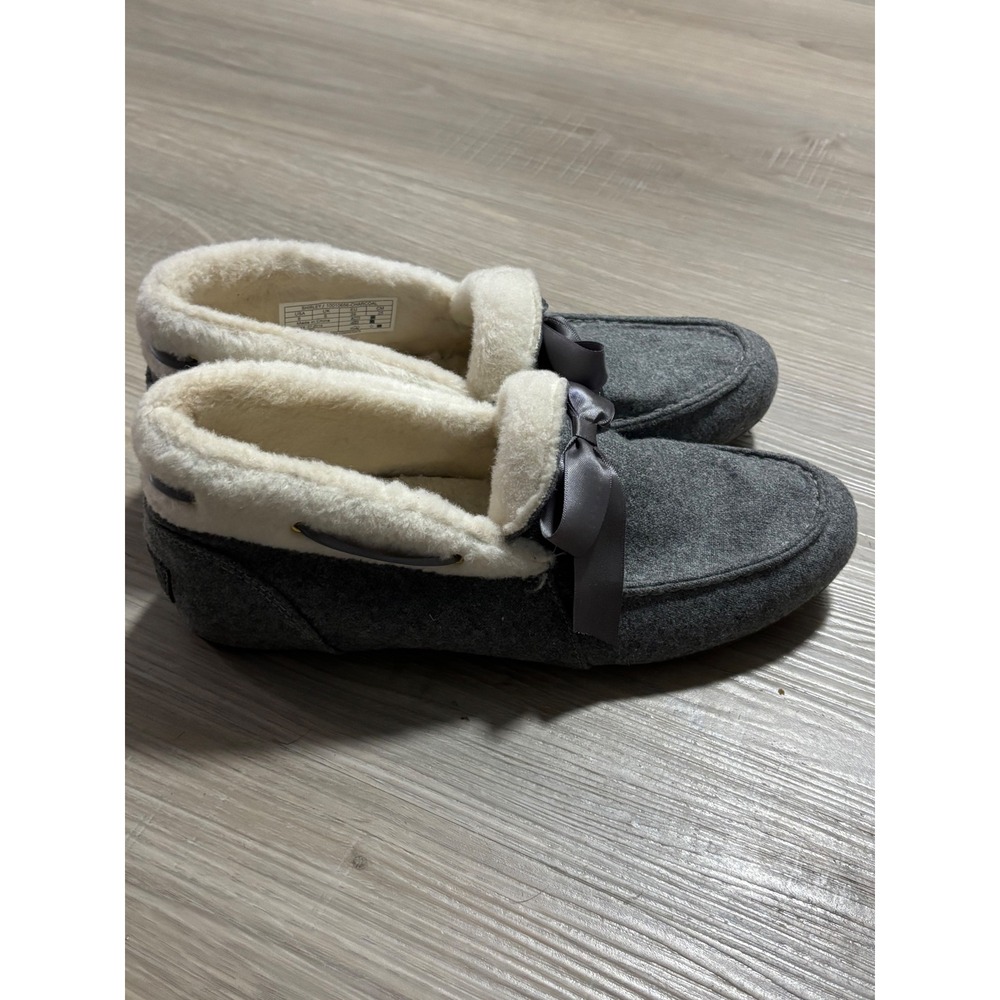 Vionic Shirley Charcoal Gray Faux Fur Lined Moccasin Slippers Bow 10010656 size8